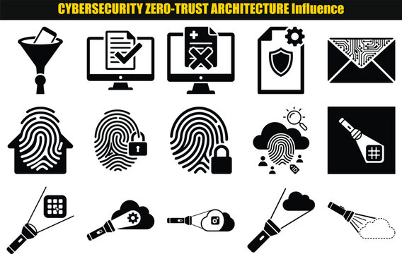Collection of security related shapes including a funnel fingerprint padlock and shield styled as line art cybersecurity digital protection data