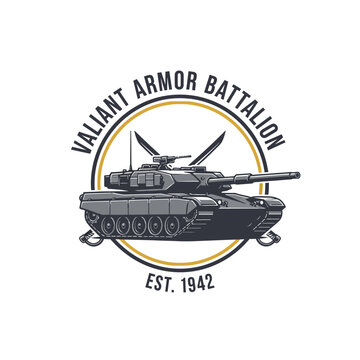 Military tank emblem with crossed swords and text.