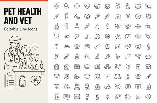 Pet health and vet set of 100 line icons for veterinary care