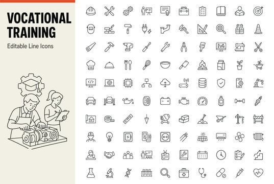 Vocational training set of 100 line icons for education and careers