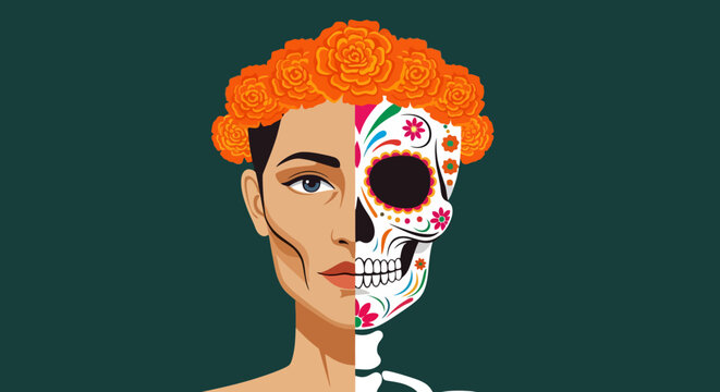 Woman with half face as human and half as sugar skull with marigold crown.