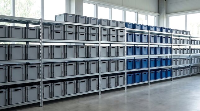 Rows of grey and blue plastic storage boxes on metal industrial shelves in a modern warehouse. stackable bin setup