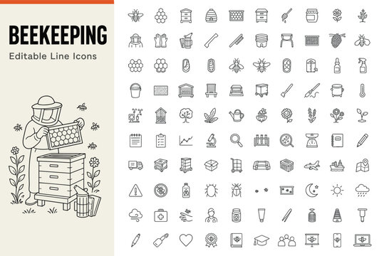 Beekeeping set of 100 line icons for honey production