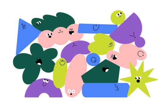 Funny abstract shape characters with different face expressions. Cute geometric figures and blob forms with happy and sad emotions, moods. Flat vector illustration isolated on white background