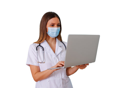 Doctor wearing mask using laptop, communicating online, providing telehealth consultation, transparent background