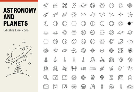 Astronomy and planets set of 100 line icons for space exploration