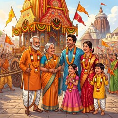 Obraz premium Extended indian family posing in front of massive decorated chariot during ratha yatra day.