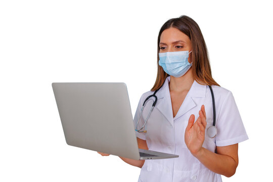 Doctor wearing mask conducting telehealth video conference using laptop, providing online medical consultation, transparent background
