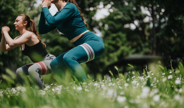 Two women perform squats with resistance bands while exercising outdoors. A fitness workout session in a park setting with greenery and active training.
