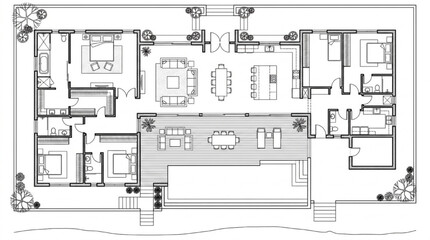 Fototapeta premium Luxury residential villa floor plan CAD with pool terrace bedrooms and landscaped garden 