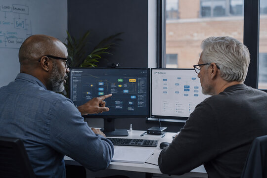 Senior IT Professionals Reviewing API Integration and System Architecture