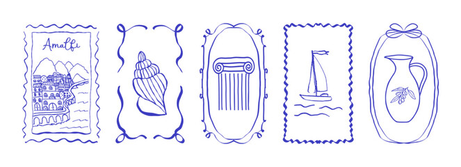 Whimsical greek blue doodle bow frame with boat, column, jug, shell, coast in retro coquette style on white background. hand-drawn set for menu, greeting cards, party decor. © Екатерина Тарасова