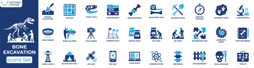 Bone Excavation icon set. Containing fossil excavation, excavation site, dinosaur skeleton, fossil brush, carbon dating, excavation tools and more. Solid vector icons collection © ToufikGlyph