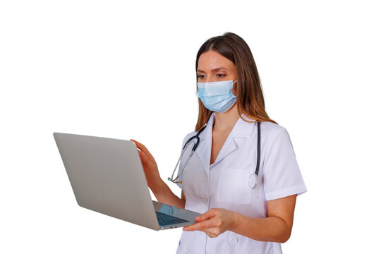 Female doctor wearing mask and stethoscope using a laptop, providing telemedicine consultation, transparent background