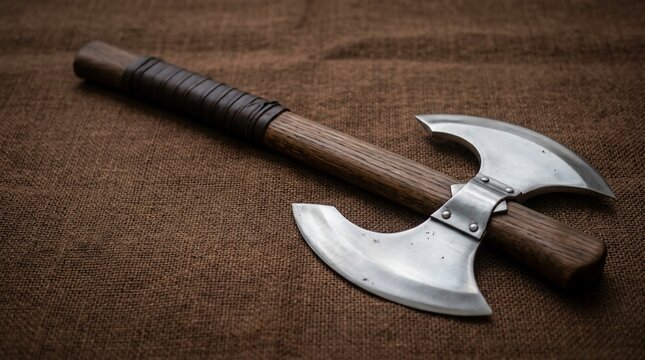 Double headed battle axe with wooden handle on brown fabric