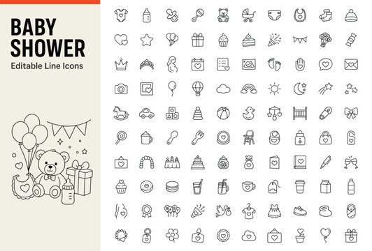 Baby shower set of 100 line icons for pregnancy and newborn