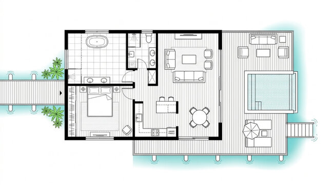 Overwater bungalow floor plan CAD with pool deck bedroom living area and ocean surround
