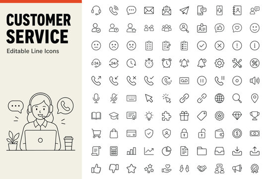 Customer service set of 100 line icons for support and contact