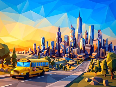 Low polygon school bus driving toward a futuristic polygonal city skyline at sunset with geometric mountains
