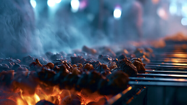 Meat skewers grilling over charcoal fire at night with shish kebab culinary art prepared foo