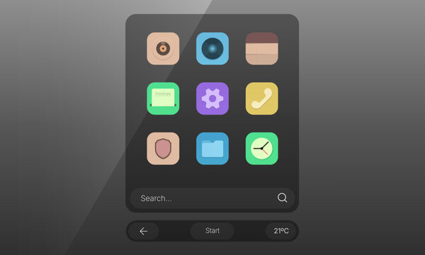 Desktop operating system start menu user interface layout with flat application icons