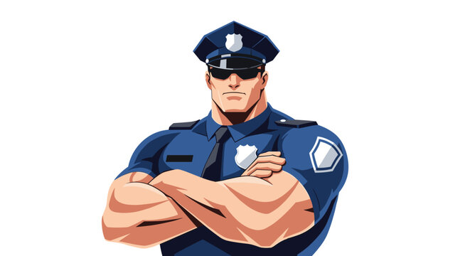 Highly muscular police officer in a blue uniform with sunglasses and arms crossed standing in a heroic pose.