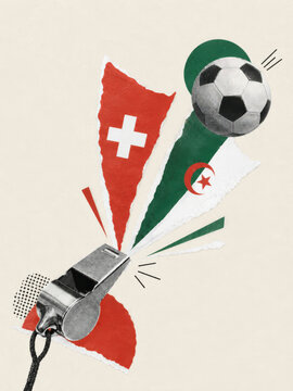Switzerland and Algeria football match graphic with national flag colours, collage style illustration