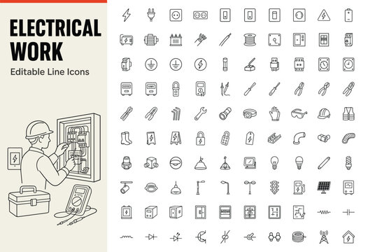 Electrical work set of 100 line icons for power and engineering