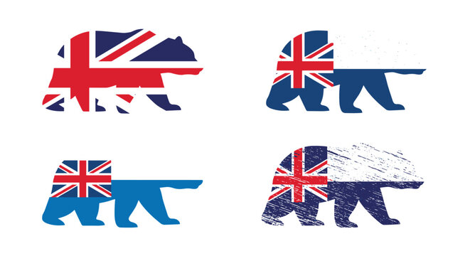 Four silhouettes of walking bears are filled with different historical and modern flag patterns related to British and colonial themes.