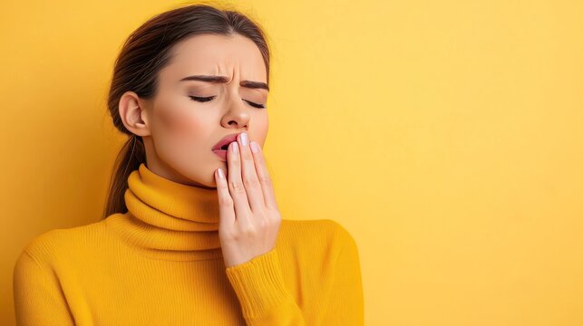 Young Woman Yawning and Covering Mouth with Hand.