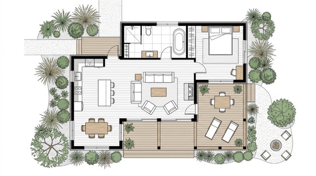 Colored villa floor plan with terrace deck outdoor dining bedroom bathroom and tropical garden
