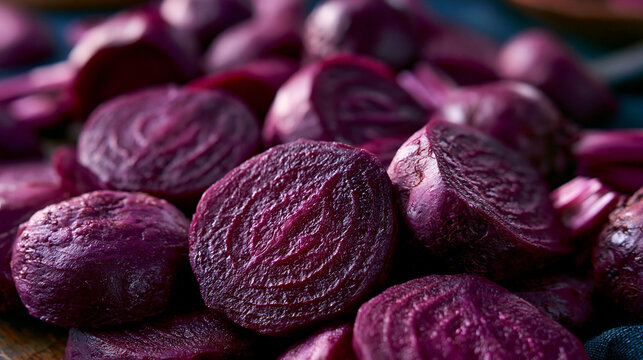 Fresh sliced purple beetroots heap texture background with farm to table beetroot vegetable