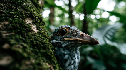 Fototapeta premium A close up profile portrait of a bird perched on a mossy tree trunk in a lush green rainforest