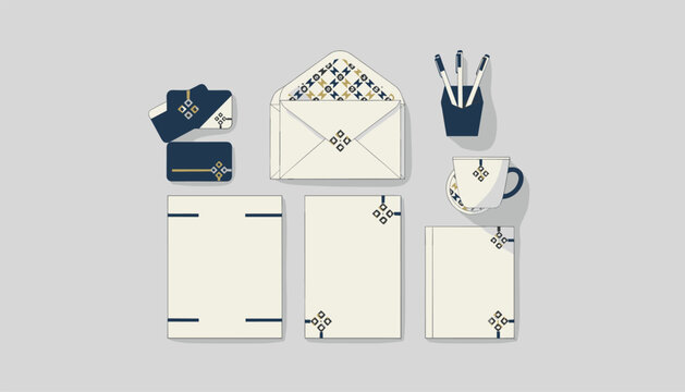 Complete corporate identity and stationery mockup set featuring a consistent blue and white geometric design.