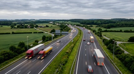 Fototapeta premium Aerial view of a busy highway with trucks and cars on a cloudy day