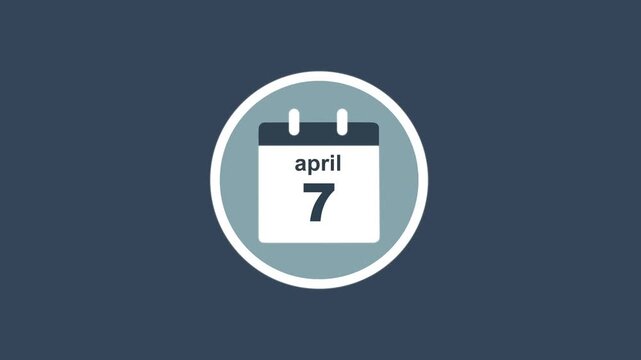 April 7 Date - modern calendar showcase within circle - blue background. Calendar date april 7 icon animation with flat design, schedule reminder, event planning and appointment concept.