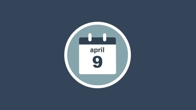 April 9 Date - modern calendar showcase within circle - blue background. Calendar date april 9 icon animation with flat design, schedule reminder, event planning and appointment concept.