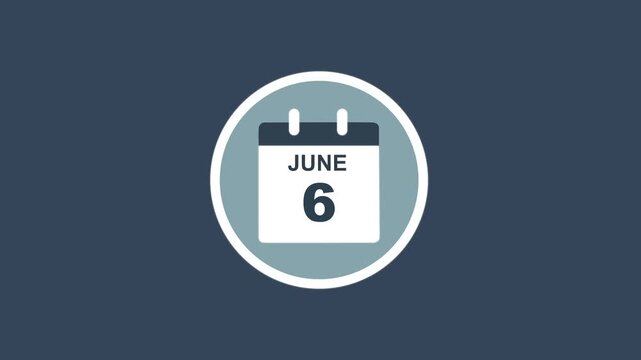 June 6 Date - modern calendar showcase within circle - blue background. Calendar date june 6 icon animation with flat design, schedule reminder, event planning and appointment concept.