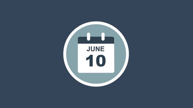 June 10 Date - modern calendar showcase within circle - blue background. Calendar date june 10 icon animation with flat design, schedule reminder, event planning and appointment concept.