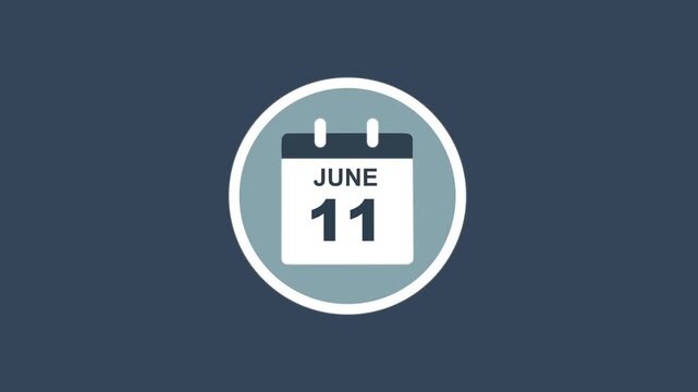 June 11 Date - modern calendar showcase within circle - blue background. Calendar date june 11 icon animation with flat design, schedule reminder, event planning and appointment concept.