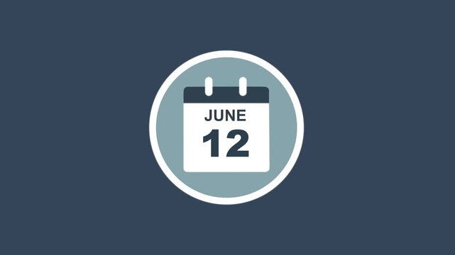 June 12 Date - modern calendar showcase within circle - blue background. Calendar date june 12 icon animation with flat design, schedule reminder, event planning and appointment concept.