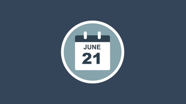 June 21 Date - modern calendar showcase within circle - blue background. Calendar date june 21 icon animation with flat design, schedule reminder, event planning and appointment concept.