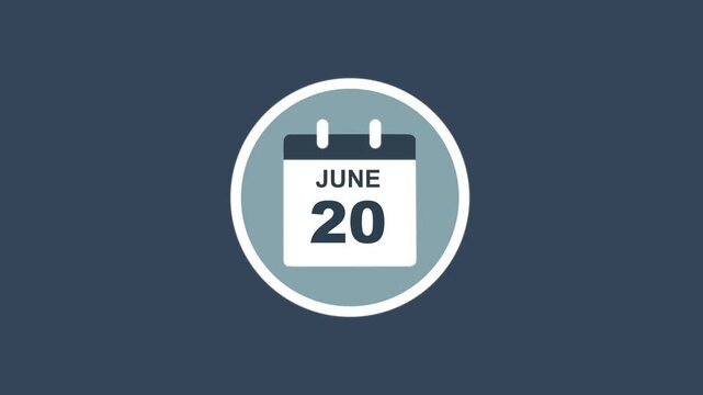June 20 Date - modern calendar showcase within circle - blue background. Calendar date june 20 icon animation with flat design, schedule reminder, event planning and appointment concept.