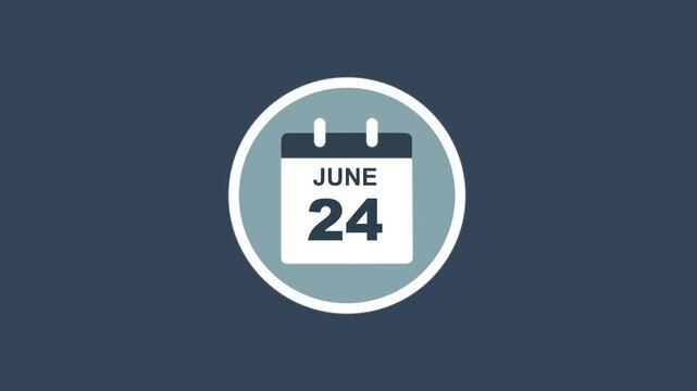 June 24 Date - modern calendar showcase within circle - blue background. Calendar date june 24 icon animation with flat design, schedule reminder, event planning and appointment concept.