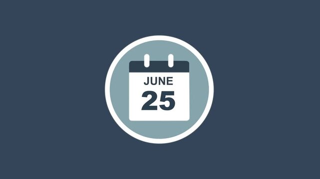 June 25 Date - modern calendar showcase within circle - blue background. Calendar date june 25 icon animation with flat design, schedule reminder, event planning and appointment concept.