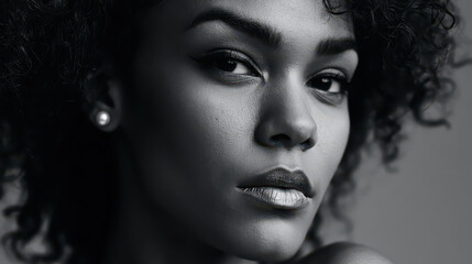 Fototapeta premium Intense Gaze: Monochromatic Portrait of a Woman with Curly Hair, Metallic Lips, and Pearl Earring, Gray Background