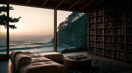 Fototapeta premium Spacious coastal living room with ocean view at dusk, featuring modular sofa, wooden decor, and vertical garden.