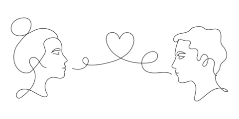 One line couple faces in love with heart. editable stroke vector. © dariachekman