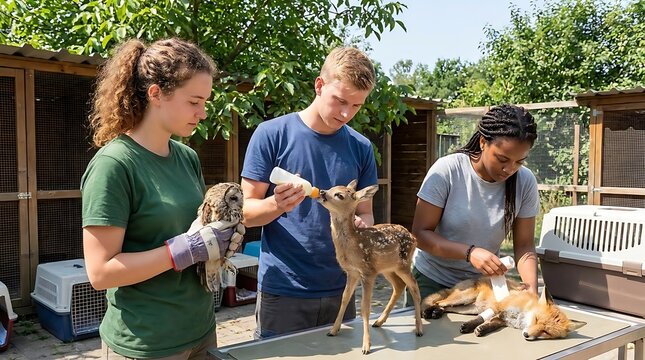 Animal rescue team caring for young wild animals needing help