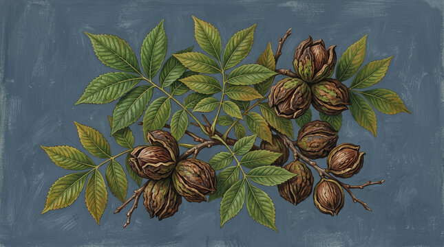 A detailed illustration of walnut branch with green leaves and brown nuts on a blue background
